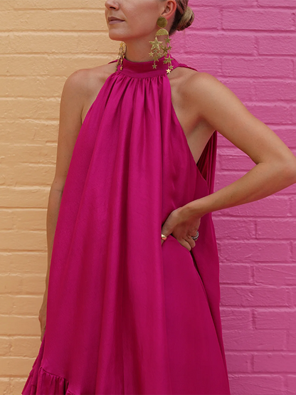 Loose Sleeveless Falbala Color Stand Collar Maxi Dresses