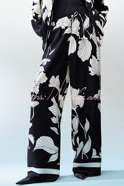 Unique Print Lapel Long Sleeve Loose Shirt and Elastic Waist Pocket Wide Leg Pants Set