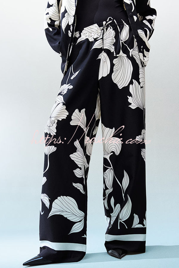 Unique Print Lapel Long Sleeve Loose Shirt and Elastic Waist Pocket Wide Leg Pants Set
