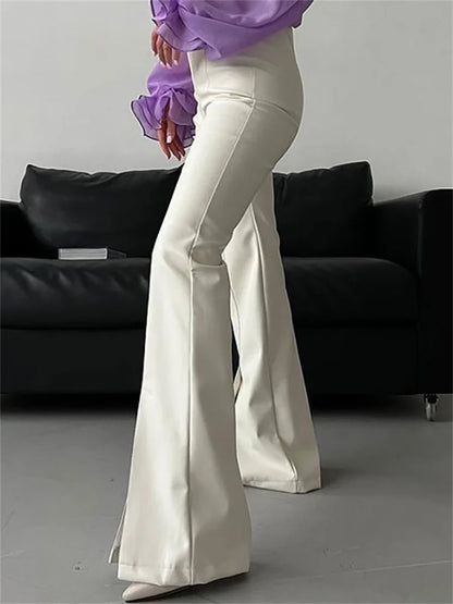 New Pu Leather Spilt Out Flared Pants White Slim High Waist Trousers Wide Leg Pants for Spring