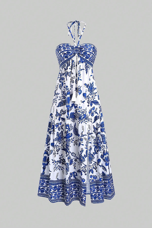 Holiday Style Unique Print Halter Neck Tie Slit Midi Dress