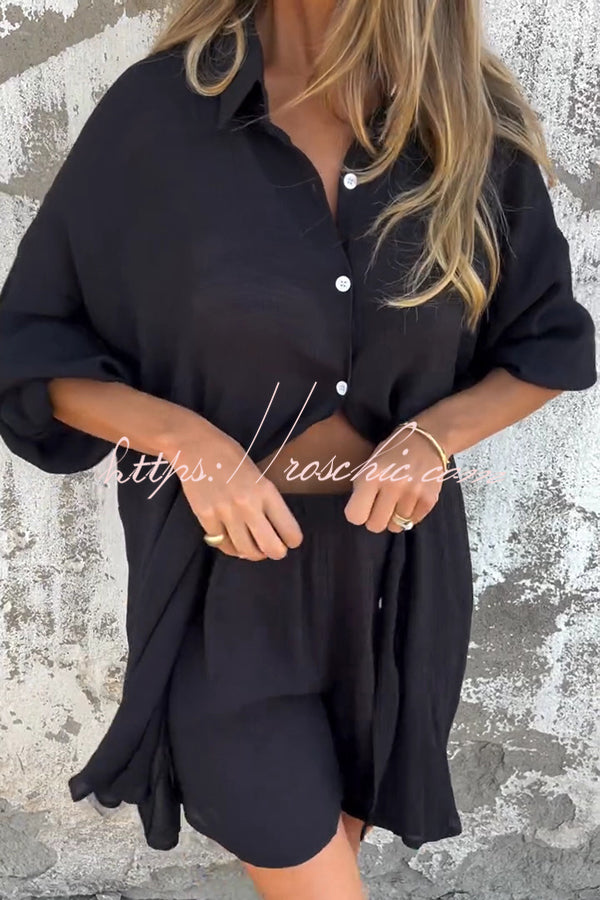 Color Lapel Long Shirt and Elastic Waist Loose Pocket Shorts Set