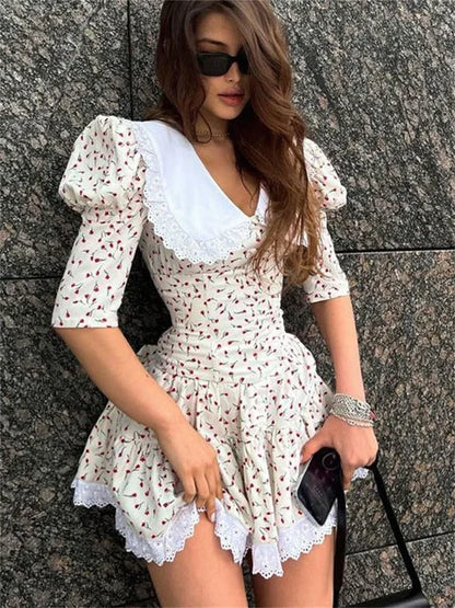 Summer Printed Patchwork Mini Dress Female V-neck Short Sleeve Slim Party Dress Gown for Dress