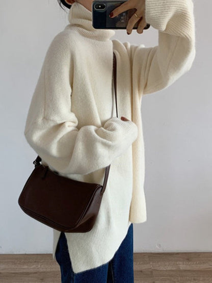 Simple Blue High Neck Split-side Long Sleeve Sweater Qx013