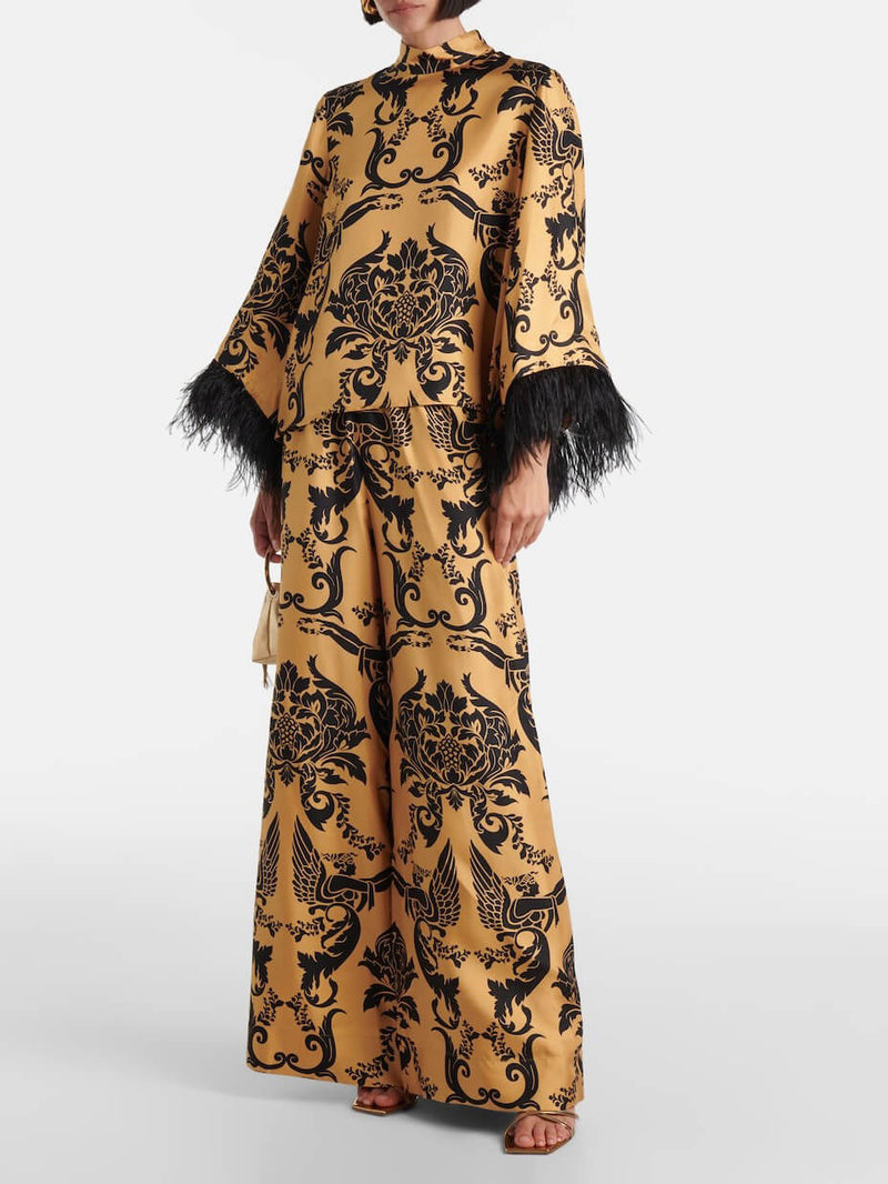 Satin Print Pocket Wide-leg Pants