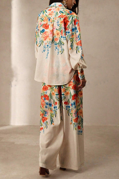 Print Lapel Long Sleeve Shirt and Elastic Waist Pocket Wide Leg Pants Set