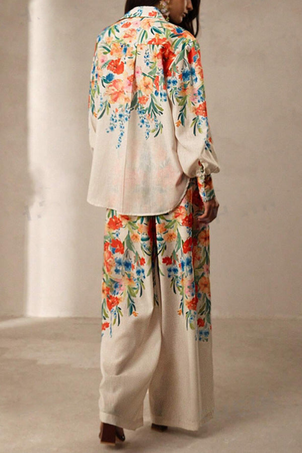 Print Lapel Long Sleeve Shirt and Elastic Waist Pocket Wide Leg Pants Set