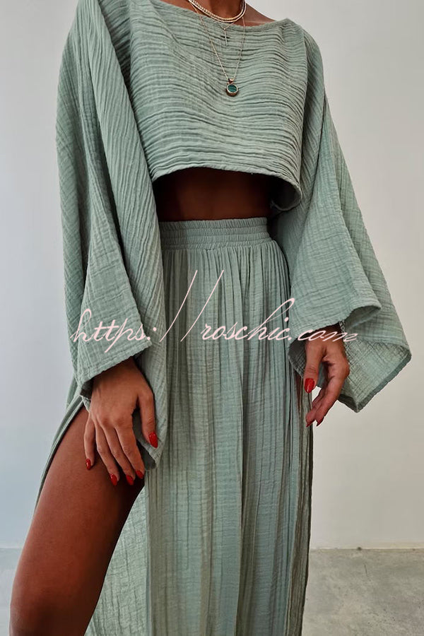 Beach Linen Blend Wide Sleeve Blouse and Elastic Waist Double Slit Skirt Set