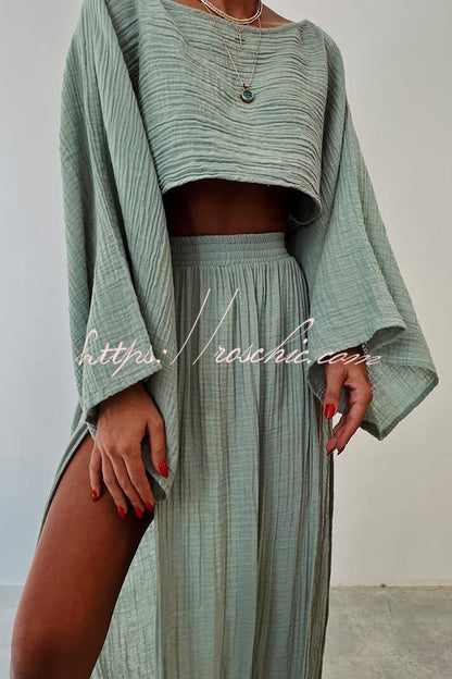 Beach Linen Blend Wide Sleeve Blouse and Elastic Waist Double Slit Skirt Set