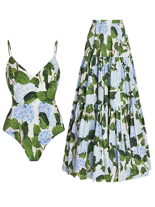 Print One Piece Swimsuit and Skirt
