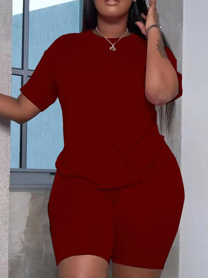 Basic Summer ’s Suit Short Sleeve Top and Pants Color Sportswear Slim Two-piece Outfit