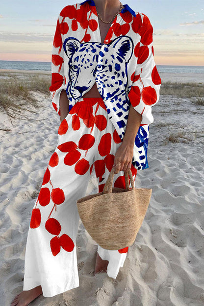 Polka Dot Leopard Print Oversized Shirt and Elastic Waist Pocket Pants Set