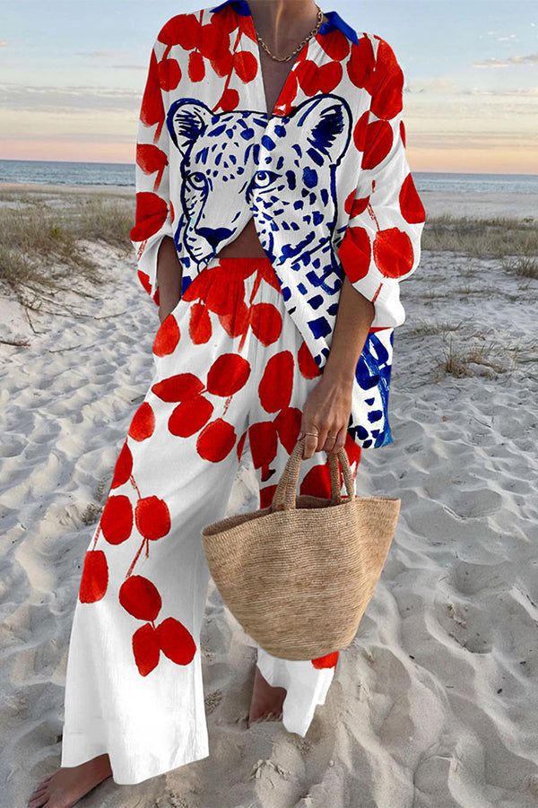 Polka Dot Leopard Print Oversized Shirt and Elastic Waist Pocket Pants Set