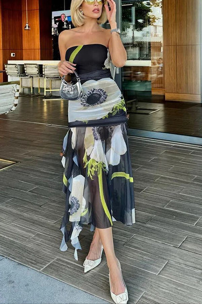 Raquel Mesh Overlay Print Off Shoulder Ruched Ruffles Stretch Midi Dress