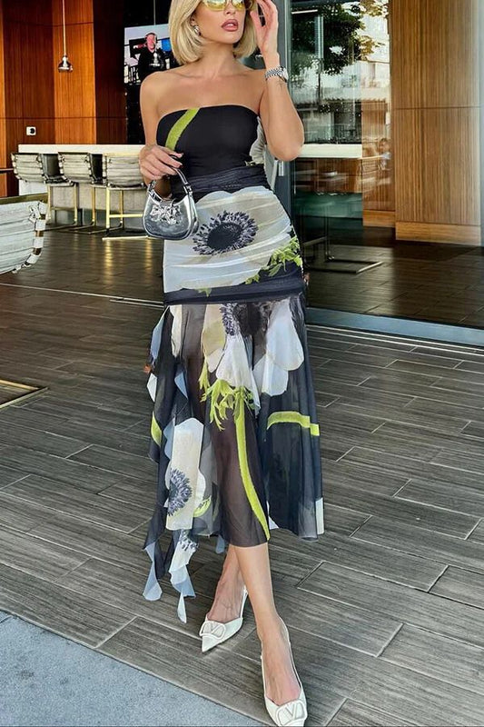 Raquel Mesh Overlay Print Off Shoulder Ruched Ruffles Stretch Midi Dress