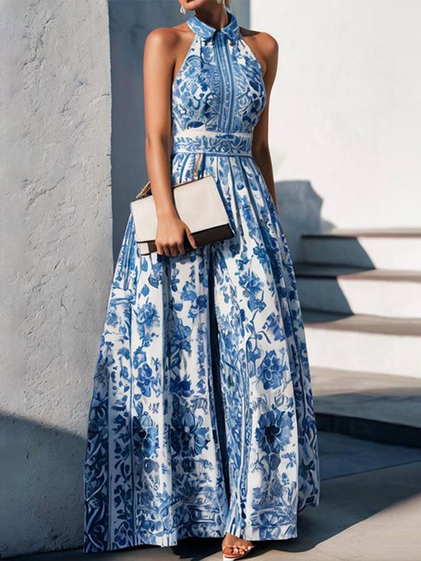 A-line Loose Flower Print Split-joint Lapel Maxi Dresses