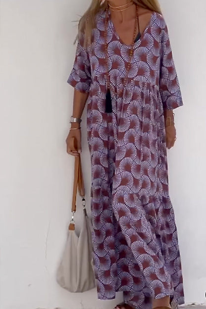 Ibiza Print Loose V Neck Long Sleeve Long Dress