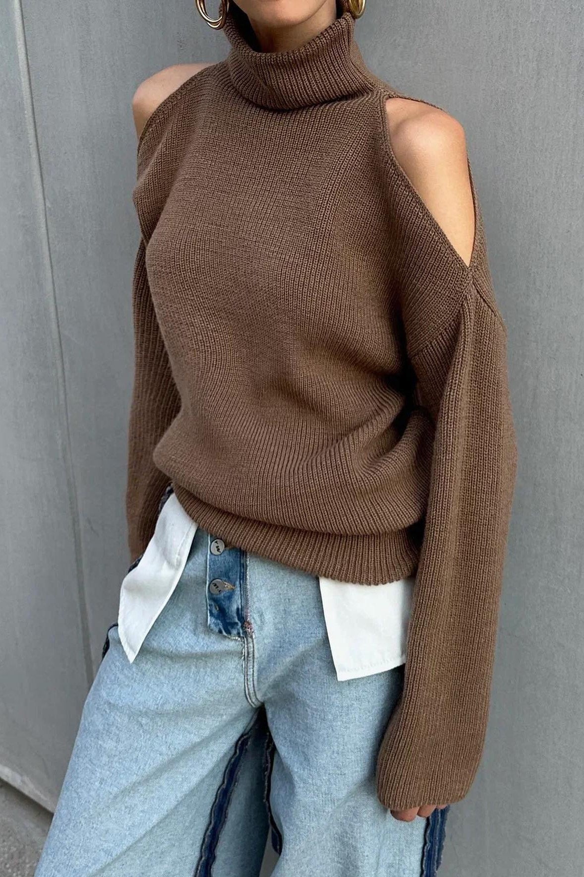 Off-shoulder Turtleneck Knit Sweater