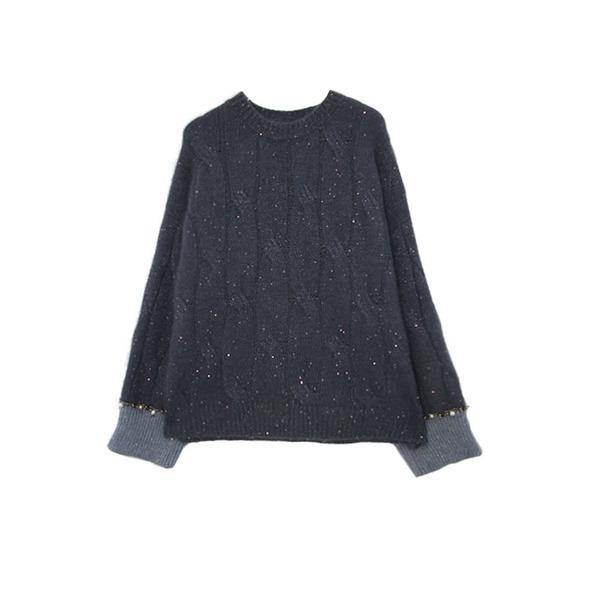 Grey O-neck Sequins Long Sleeve With Beaded Knit Sweater Tw022