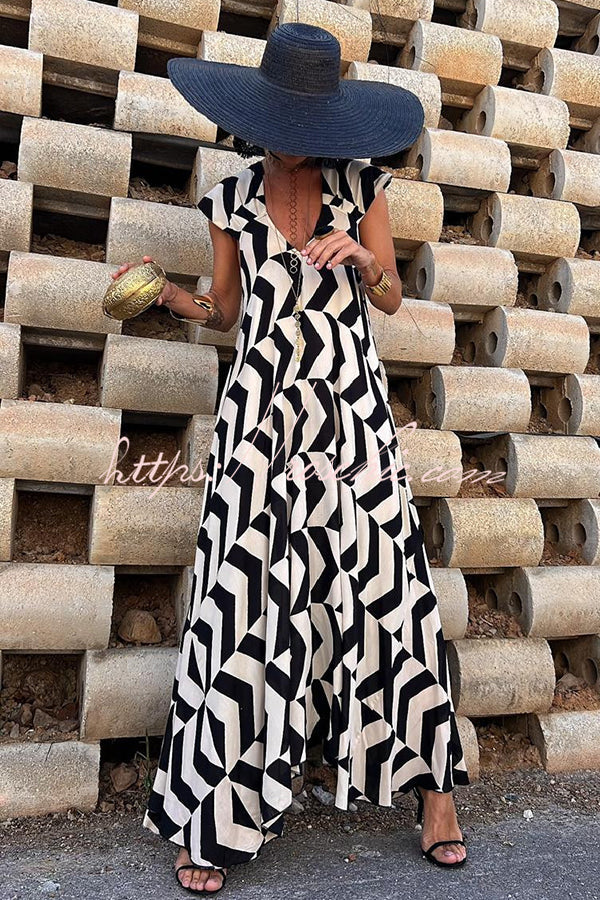 Fresh Breeze Unique Print Ruffle Sleeve A-line Maxi Dress