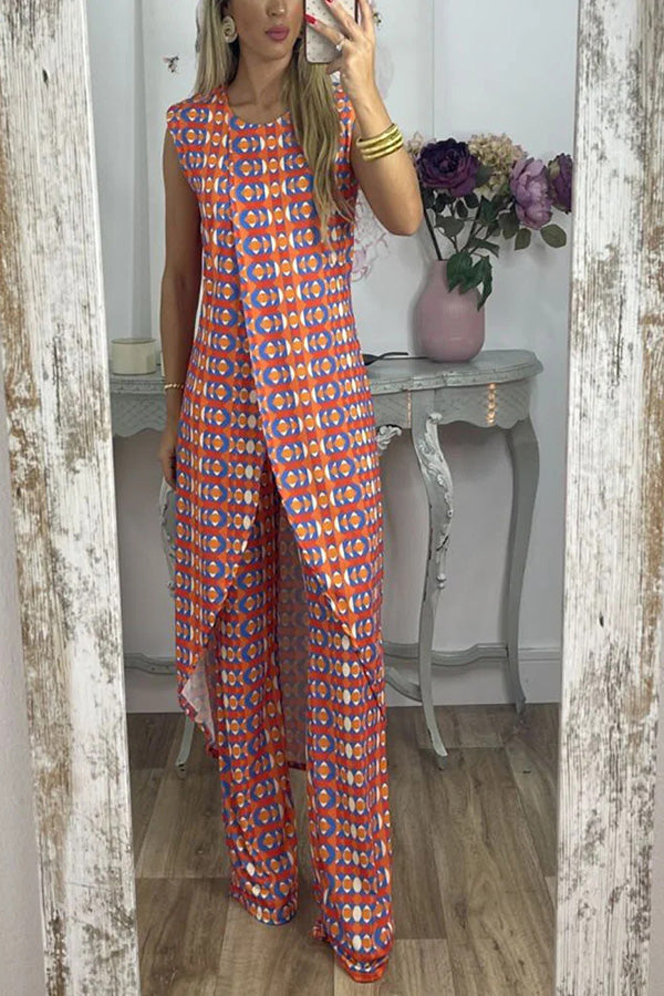 Retro Print Split Top Two-piece Set