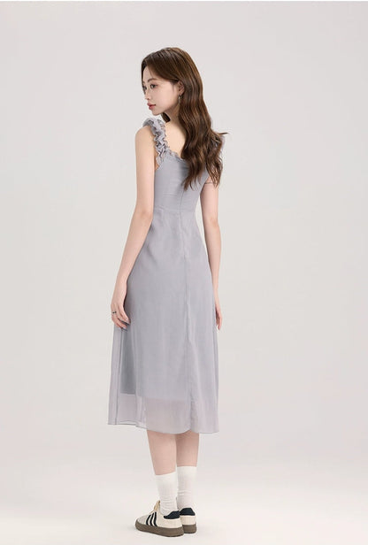 Ruffle Trim Button Front Midi Dress