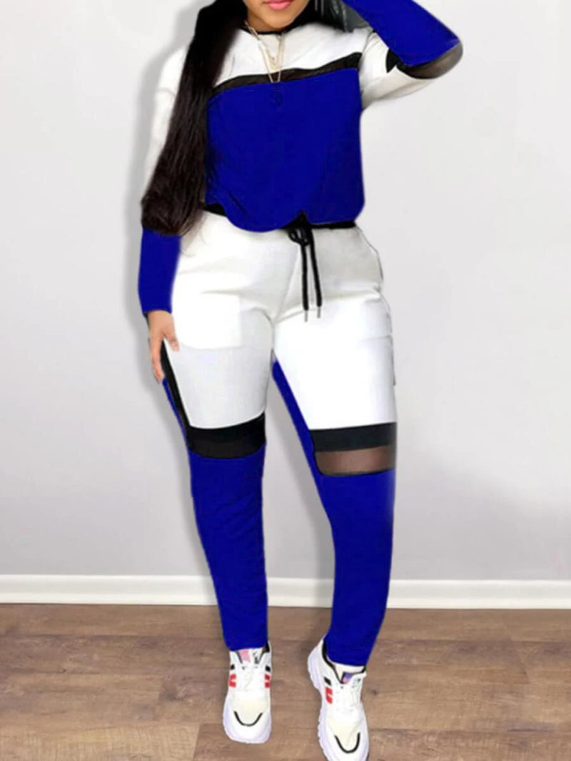 Two Piece Color-lump Tracksuit Pants Set Patchwork Sporty Long Sleeve Conventional Collar Autumn Outfits