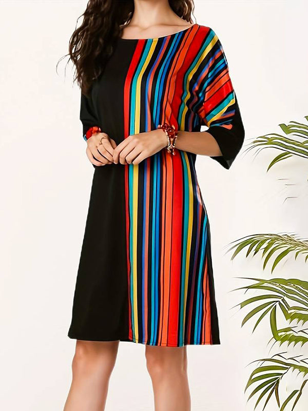 A-line Half Sleeves Asymmetric Contrast Color Striped Round-neck Mini Dresses