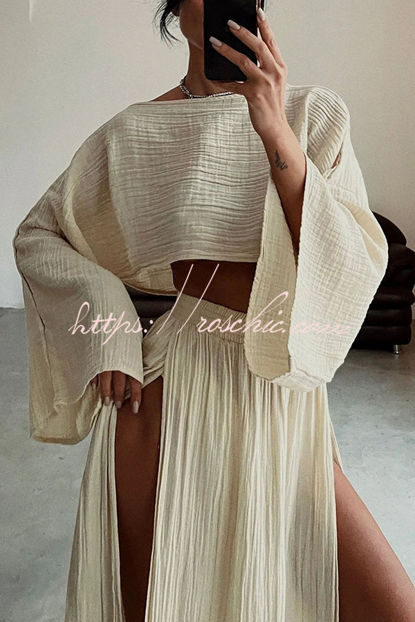 Beach Linen Blend Wide Sleeve Blouse and Elastic Waist Double Slit Skirt Set