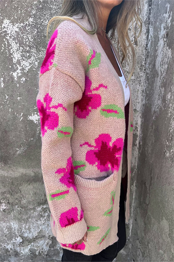 Apricot Powder Print Pocketed Open Front Cardigan