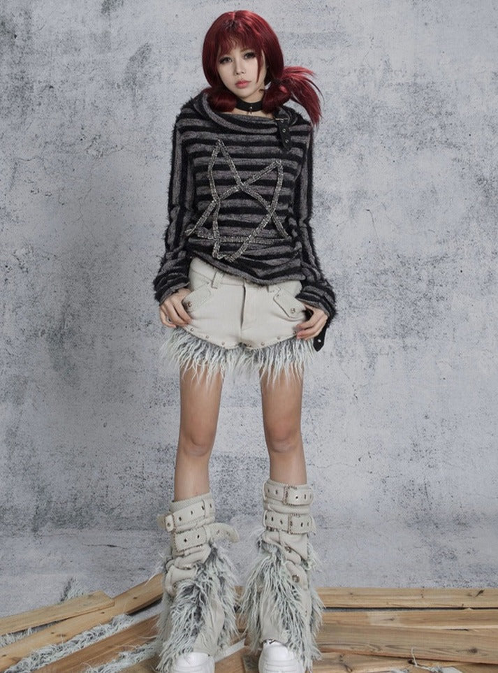 Ariadnaw Feather-trim Denim Shorts - Off-white ()