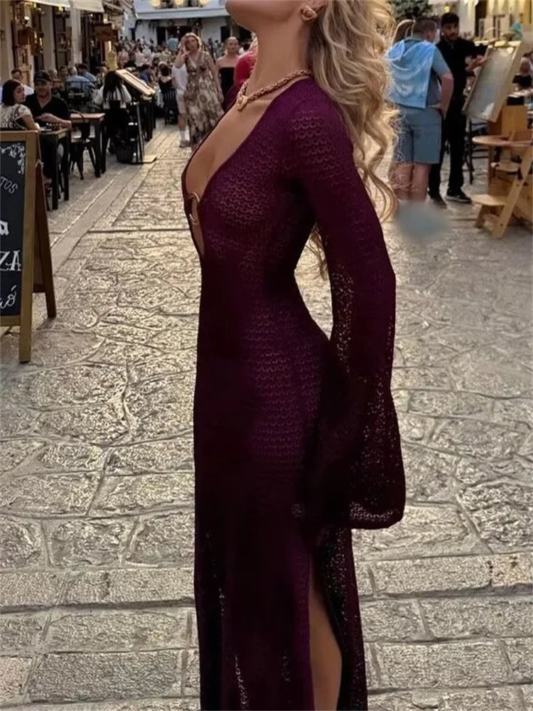 Knit Hollow Out Autumn Dress Female See-through V-neck Backless Beach Holiday Maxi Dress Knitwear ’s Dress New