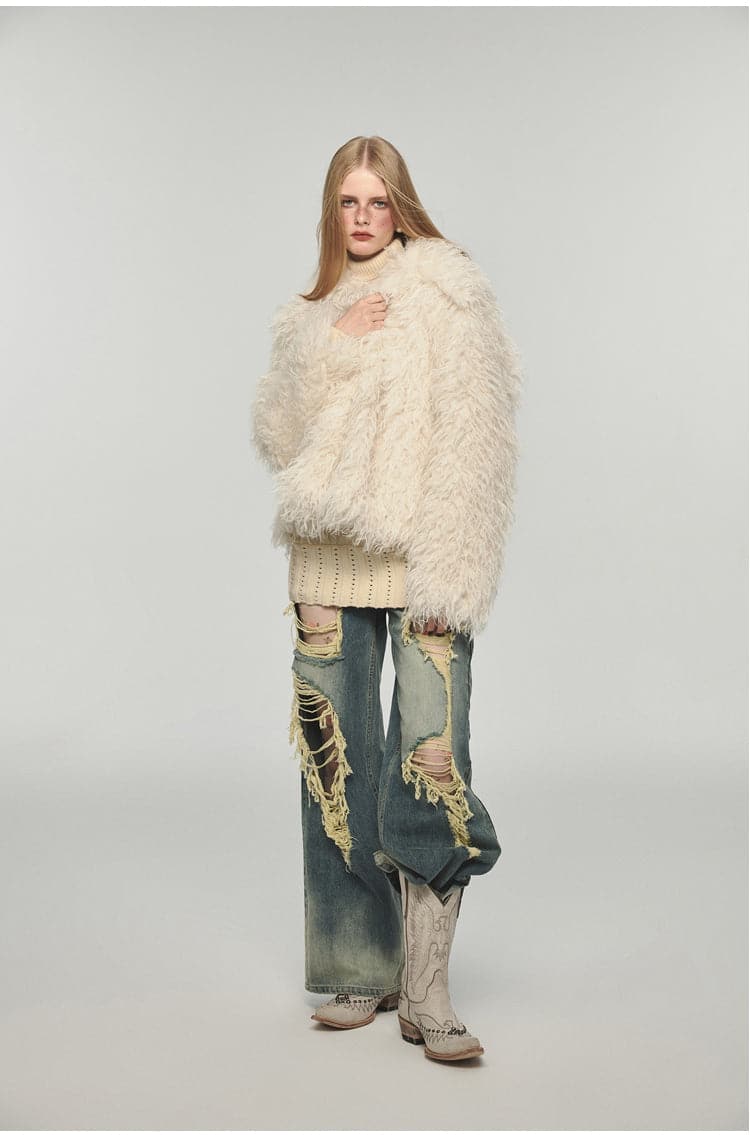 Fluffy Long Lapel Color Versatile Eco-fur Coat
