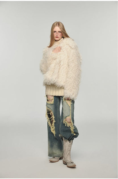 Fluffy Long Lapel Color Versatile Eco-fur Coat