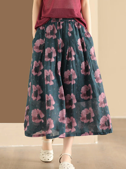 Artsy Summer Flower Ramie A-shape Skirt Co1025