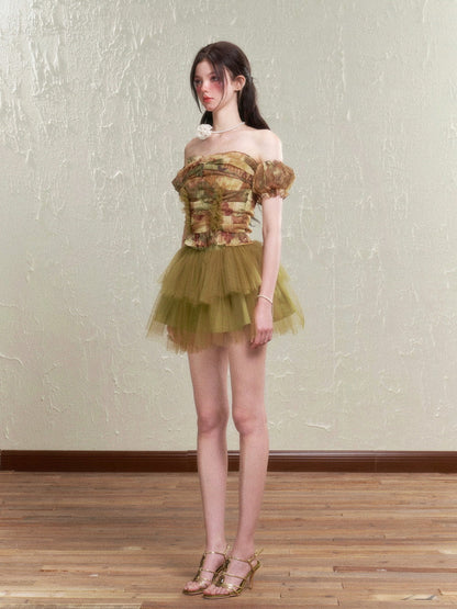 Retro Rose Tulle Frill Top & Mini Skirt