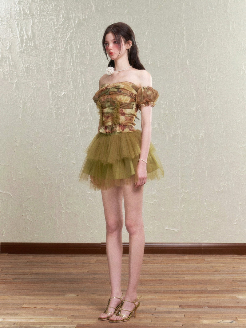 Retro Rose Tulle Frill Top & Mini Skirt