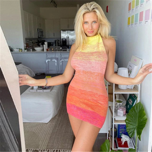 Halter Backless Dress Summer New Party Mini Dress Knitted Sleeveless Dress Holiday Beach Clubwear