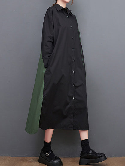 Long Sleeves Loose Asymmetric Buttoned Split-joint Split-side Lapel Midi Dresses Shirt Dress