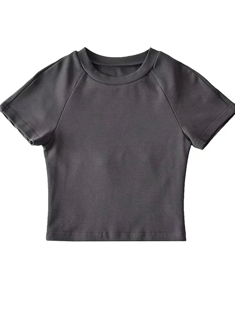Off Back Raglan Sleeves Slim Fit Short Sleeve Short Open Navel T-shirt