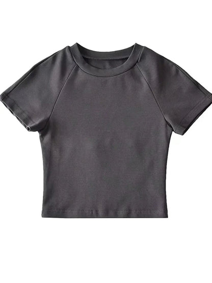 Off Back Raglan Sleeves Slim Fit Short Sleeve Short Open Navel T-shirt