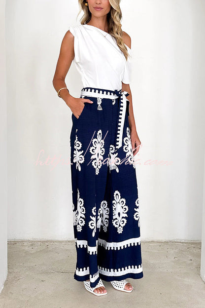 Unique Print Belted Pocket Wide Leg Pants