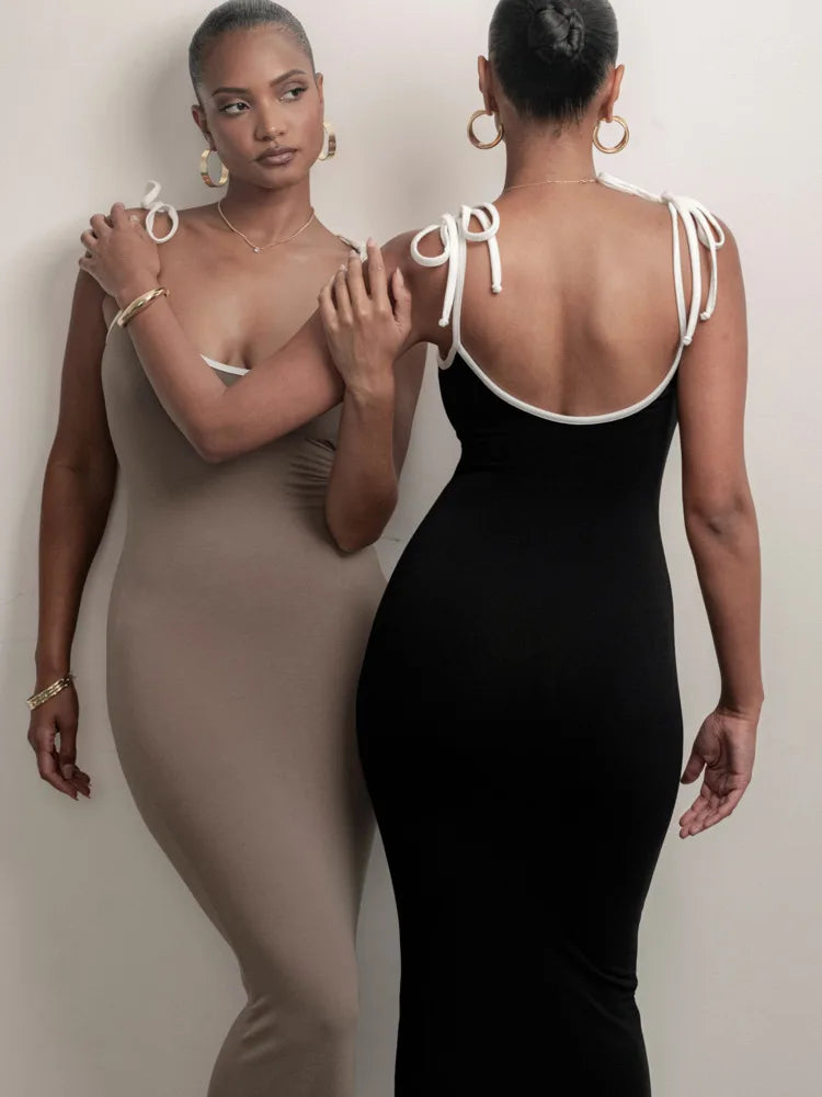 Spaghetti Strap High Elastic Tight Long Dress V-neck Backless Bodycon Autumn Party Evening Dress