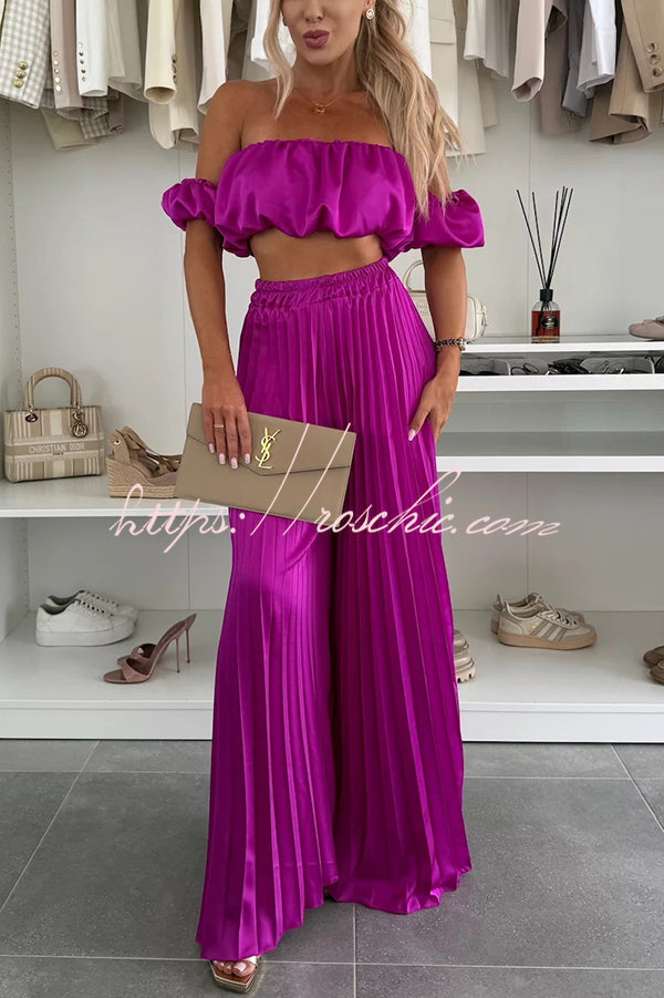 Jorie Satin Off Shoulder Puff Sleeve Crop Top and Elastic Waist Pleated Wide Leg Pants Set
