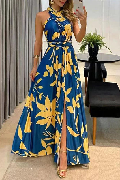 One Shoulder Sleeveless Printed Long Dress With Split Back