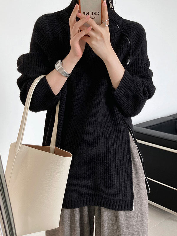 Urban Grey Halter-neck Split-side Zip-up Long Sleeve Sweater An1033