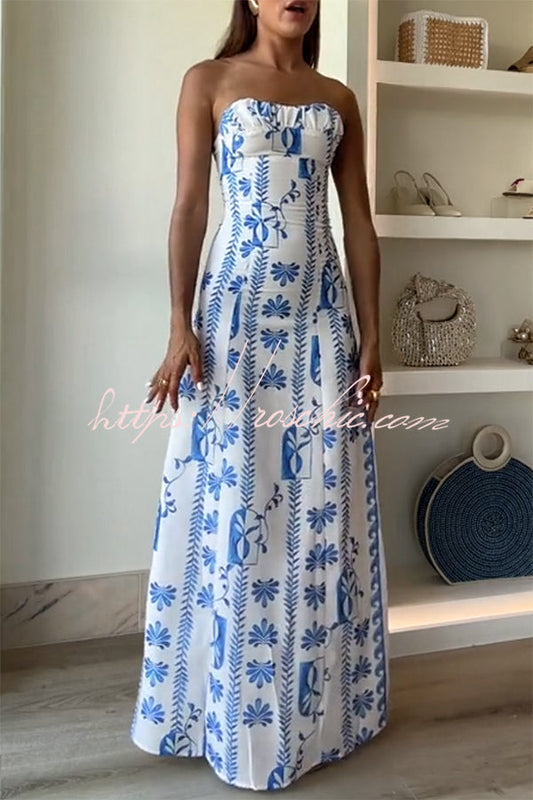 Freya Linen Blend Wave Print Ruched Bust Strapless Maxi Dress