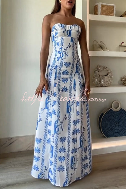 Freya Linen Blend Wave Print Ruched Bust Strapless Maxi Dress
