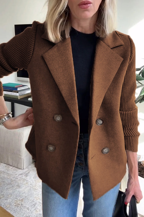 Lapel Button Knitted Sleeve Coat With Two Side Pockets