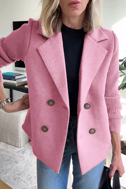 Lapel Button Knitted Sleeve Coat With Two Side Pockets